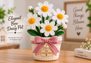 Handmade Crochet Elegant Bow Daisy Pot