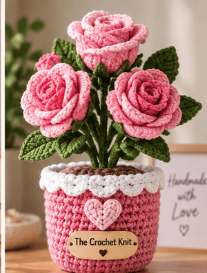 Handmade Crochet Pink  Rose Pot